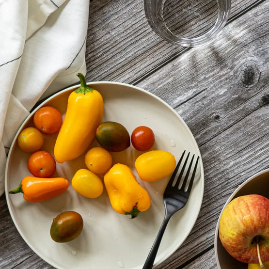 Picnic table setting with cherry tomatoes on a non-toxic plate by Zungleboo.